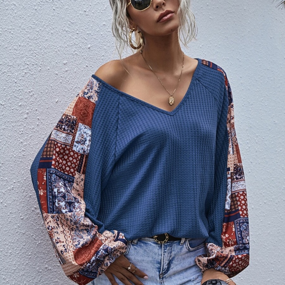 brown  v neck wide sleep waffle long sleeve top - Picture 10 of 16